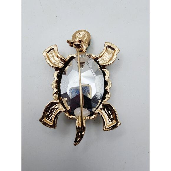 Green Crystal Turtle Brooch 2" Gold Tone pin Rhinestones Sparkle Nature Fairy - Picture 2 of 5